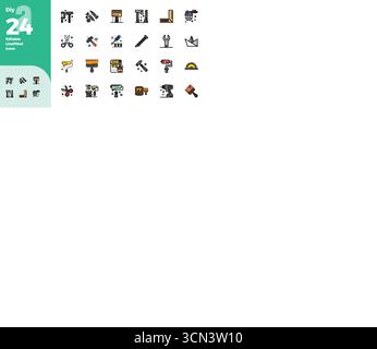 Hochmodernes Bundle mit 24 PIXELN perfekten Vektorsymbolen, inspiriert von DIY, erstellt im Flat Line gefüllten Format bei 128x128 für die nächste Generation von Int Stock Vektor