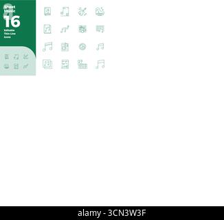 Verwandeln Sie Ihre Designs mit 16 dünnen Konturvektorsymbolen rund um Noten, die in einer perfekten Auflösung von 128x128 PIXELN für maximale Klarheit entwickelt wurden Stock Vektor