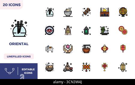 Entdecken Sie 20 lineare FARBPIXEL perfekte Vektorsymbole in einer Auflösung von 128x128, inspiriert von Oriental. Perfekt für Web- und App-Schnittstellen. Stock Vektor