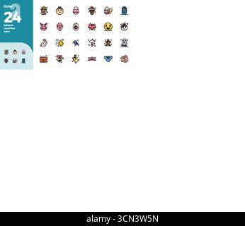 Verwandeln Sie Ihre Designs mit 24 mit flachen Linien gefüllten Vektorsymbolen, die sich um niedliche Designs kümmern, in einer perfekten Auflösung von 128x128 PIXELN für maximale Klarheit. Stock Vektor