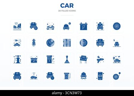 Außergewöhnliche Sammlung von 28 gefüllten Glyph-Vektorsymbolen für Autos, in einer perfekten Auflösung von 128x128 PIXELN für unvergleichliche visuelle Exzellenz und u Stock Vektor