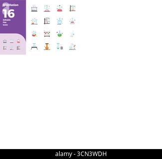 Sorgfältig gefertigte 16 flache Vektorsymbole für die Destillation, in perfekter Qualität mit 128x128 PIXELN für kompromisslose Designstandards. Stock Vektor