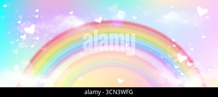Regenbogenbogen mit Herz funkelt nach Regen auf einförnigem Himmelsverlaufshintergrund für magische Designs. Traumhafte Spektrumkurve mit schwebenden Liebesglitzern. Fantasy Pastellatmosphäre Illustration. Stock Vektor