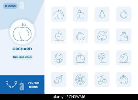 Kunstvoll gestaltete 16 Slim Line PIXEL Perfect Vector Icons für Orchard, geliefert im Format 128x128 für konsistente visuelle Exzellenz. Stock Vektor