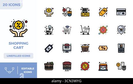 Ein vielseitiger Satz von 20 linearen, farbfüllenden PIXELN Perfect Vektor-Symbolen mit Fokus auf den Warenkorb, geliefert im gestochen scharfen Format 128 x 128, ideal für mobile und mobile Geräte Stock Vektor