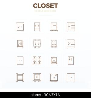Meisterhaft erstellte 16 Vektorsymbole, die den Schrank im Bold Outline-Design darstellen, mit einer perfekten Auflösung von 128x128 PIXELN für außergewöhnliche visuelle Qualität Stock Vektor
