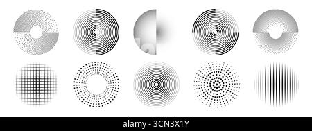 Ripple Circles mit Punktmuster für grafisches Design – konzentrische Ringe, Halbtonverläufe und Gittertexturen. Moderne geometrische Strahlungselemente für Druck- oder digitale Hintergründe. Stock Vektor
