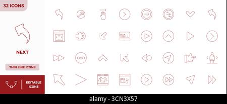 Moderne Sammlung von 32 Vektorsymbolen, die die Ästhetik von Next in Thin Outline darstellen, mit einer Auflösung von 128x128 PIXELN für moderne Anwendungen Stock Vektor