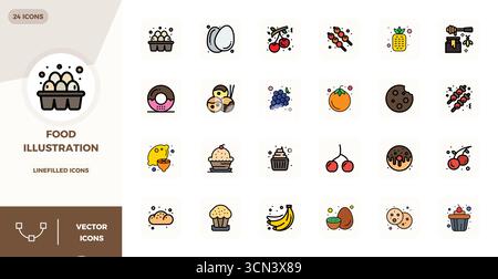 Vektorpaket mit 24 linearen gefüllten flachen PIXELN perfekte Symbole, inspiriert von Food Illustration, geliefert in einer Auflösung von 128x128, ideal für skalierbare und kreative Anwendungen Stock Vektor
