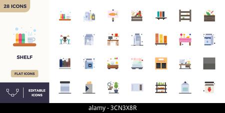 Umfassendes Toolkit mit 28 Vektorsymbolen rund um Regal, entwickelt in Flat Colorful mit 128x128 PIXELN perfekter Präzision für vielseitige Design-App Stock Vektor