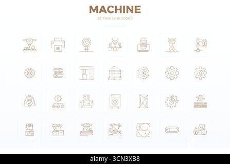 Exklusive Sammlung von 28 Thin Line Vektorsymbolen für Machine, entwickelt mit einer perfekten Auflösung von 128x128 PIXELN für erstklassige Markenerlebnisse. Stock Vektor