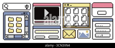 UI-Pixelrahmen-Sammlung mit Suchleiste, Video-Player und Ordnerfenstern für Retro-Interface-Design. 8-Bit-Datei-Browser, Fortschritt und Hüllkurve-Symbol. Miniaturbild für ein altmodisches Betriebssystem. Stock Vektor
