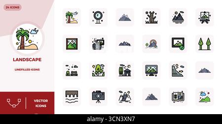 Sorgfältig kuratierte 24 Lineal gefüllte flache Vektorsymbole für Querformat mit einer perfekten Auflösung von 128x128 PIXELN für eine konsistente Markendarstellung und Stock Vektor