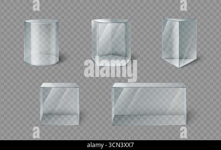Glasbox Museumsvitrinen mit transparenten zylindrischen, sechseckigen und rechteckigen Vitrinen für Ausstellungsdesigns. Kristallklare Vitrine für Artefakte oder Sammlerstücke. Moderne Ständer für Galerien Stock Vektor