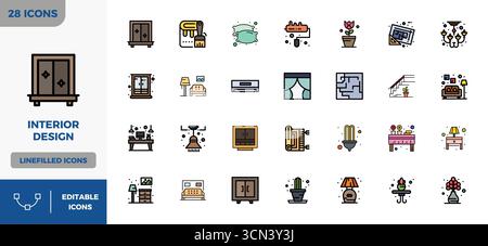 Komplettes Paket mit 28 Vektorsymbolen rund um das Innendesign, das lineares, farbgefülltes Design in 128x128 PIXELN in perfekter Qualität für modernes i zeigt Stock Vektor