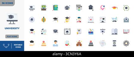 Professionell gestaltete 36 Vektorsymbole in Flat Colorful, die das Wesen der Universität mit 128x128 PIXEL perfekt für UI-Design festhalten. Stock Vektor
