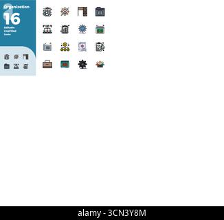 Exklusive Sammlung von 16 farbenfrohen, mit Linien gefüllten Vektorsymbolen für Organisation, entwickelt mit einer perfekten Auflösung von 128x128 PIXELN für Premium-Markenexper Stock Vektor
