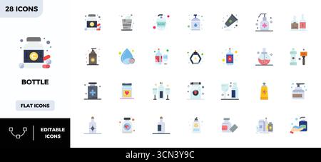 Hochmodernes Paket mit 28 PIXELN perfekten Vektorsymbolen, inspiriert von Bottle, erstellt im flachen bunten Format mit 128x128 für die nächste Generation von Int Stock Vektor