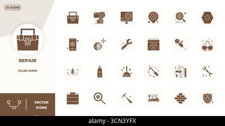 Dieses Reparaturvektor-Icon-Paket enthält 24 mit Glyphen gefüllte Designs im perfekten Format 128x128 PIXEL, perfekt für die Verbesserung digitaler Schnittstellen. Stock Vektor