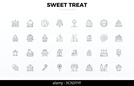 Zeitgenössische Sammlung von 32 Vektorsymbolen, die Sweet Treat in Thin Line Ästhetik darstellen, mit 128x128 PIXEL perfekter Auflösung für moderne Anwendungen Stock Vektor