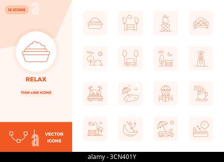 Meisterhaft erstellte 16 Vektorsymbole, die Relax im Slim Line-Design darstellen, mit einer perfekten Auflösung von 128x128 PIXELN für außergewöhnliche Bildqualität. Stock Vektor