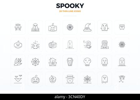 Kuratiertes Paket mit 28 128x128 Vektorsymbolen im Thin Line Design, zentriert um Spooky-Konzepte mit perfekter PIXELKLARHEIT. Stock Vektor