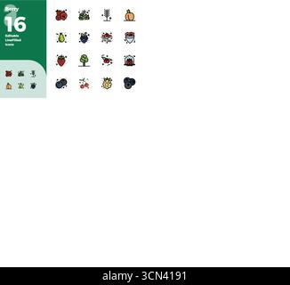 Außergewöhnliche Sammlung von 16 farbenfrohen, mit Linien gefüllten Vektorsymbolen für Berry, in einer perfekten Auflösung von 128x128 PIXELN für unvergleichliche visuelle Exzellenz Stock Vektor