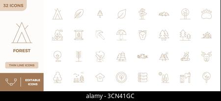 Wunderschön gerenderte 32 Thin Outline PIXEL perfekte Vektorsymbole für Forest, erstellt mit einer Auflösung von 128x128 für beeindruckende visuelle Konsistenz über die gesamte Plattform hinweg Stock Vektor