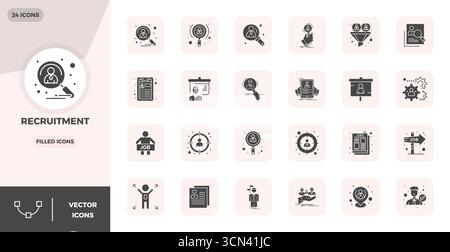 Dieser Satz von 24 mit Glyphen gefüllten Vektorsymbolen erfasst Personalbeschaffungsthemen in perfekter Qualität mit 128x128 PIXELN, perfekt für technische und geschäftliche Anwendungen. Stock Vektor
