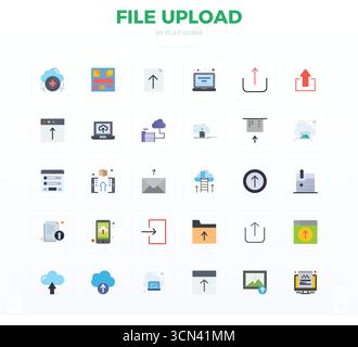 Erstklassige Sammlung von 30 flachen Vektorsymbolen für den Dateiupload, akribisch in einer perfekten Auflösung von 128x128 PIXELN für überragende visuelle Wirkung. Stock Vektor
