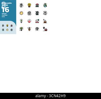 Exklusive Sammlung von 16 farbenfrohen, mit Linien gefüllten Vektorsymbolen für erneuerbare Energien, entwickelt mit einer perfekten Auflösung von 128x128 PIXELN für Premium-Marken e Stock Vektor