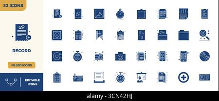 Set aus 32 PIXELN mit Glyph gefüllt perfekte Vektorsymbolen rund um Record, in 128x128-Auflösung für nahtlose Integration in Apps und Websites. Stock Vektor