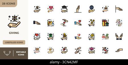 Intelligent gestaltete 28 PIXEL Perfect Vektor-Symbole, inspiriert von Giving, im Format Lineal Color gefüllte bei 128x128 für intelligentes und effizientes Design Stock Vektor