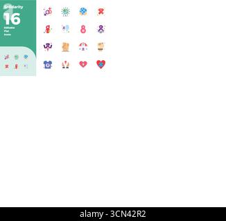Ultimative Sammlung von 16 Vektorsymbolen, die Solidarität in flacher Ästhetik darstellen, optimiert mit einer perfekten Auflösung von 128x128 PIXELN für maximale Wirkung. Stock Vektor