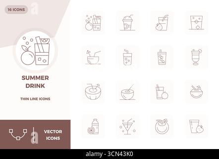 Ultimative Sammlung von 16 Vektorsymbolen, die Sommergetränk in schlanker Linie darstellen, optimiert mit einer perfekten Auflösung von 128x128 PIXELN für maximale i-werte Stock Vektor