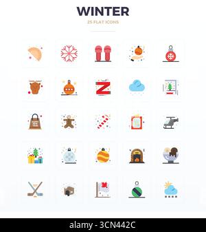 Verwandeln Sie Ihre Designs mit 25 flachen Vektorsymbolen rund um den Winter, die in einer perfekten Auflösung von 128x128 PIXELN für maximale Klarheit entwickelt wurden. Stock Vektor