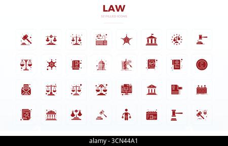 Kuratiertes Paket mit 32 128x128 Vektorsymbolen in gefülltem Glyph-Design, zentriert um Gesetzeskonzepte mit perfekter PIXELKLARHEIT. Stock Vektor