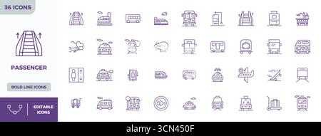 Professionelle Sammlung von 36 Bold Line-Vektorsymbolen, die den Passagier darstellen, gefertigt mit 128x128 PIXELN perfekter Präzision für Unternehmensanwendungen Stock Vektor