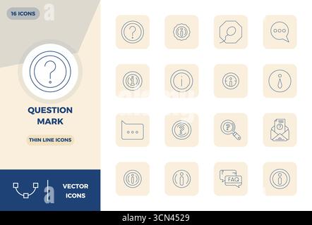 Die ultimative Sammlung von 16 Vektorsymbolen, die Fragezeichen in schlanker Optik darstellen, optimiert mit einer perfekten Auflösung von 128x128 PIXELN für maximale Leistung Stock Vektor