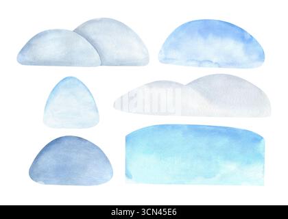 Clipart-Set mit Wasserfarben und Schneeschwehwerk. Abstraktes Eis, Schnee-Element isoliert vom Hintergrund. Für Neujahr, Weihnachtskarte, Weihnachtsfenster Dekoration Stockfoto