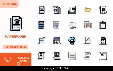 Innovatives Paket mit 20 Vektorsymbolen rund um Papierkram, mit Lineal Color gefülltem Design im perfekten Format 128x128 PIXEL für moderne digitale s Stock Vektor