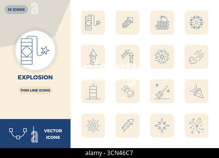 Hochmodernes Paket mit 16 PIXELN perfekten Vektorsymbolen, inspiriert von Explosion, im Slim Line-Format bei 128x128 für Inte der nächsten Generation Stock Vektor