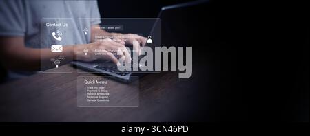 Customer Service Chatbot und Digital Assistant Konzept auf dem Computer, bietet Online-Support, FAQ-Lösungen, Live Chat Helpdesk und Business Communication Stockfoto