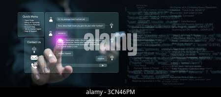 Intelligente virtuelle Assistenten- und Chatbot-Technologie, die schnelle Lösungen für Versandprobleme bietet und KI-Automatisierung und Datenverarbeitung zur Unterstützung von Kundenbedürfnissen nutzt Stockfoto