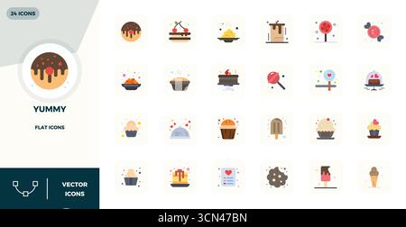 Leistungsstarke Sammlung von 24 flachen Vektorsymbolen für Yummy, entwickelt mit einer perfekten Auflösung von 128x128 PIXELN für ein optimales Design der Benutzeroberfläche. Stock Vektor