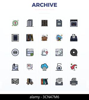 Ein vielseitiger Satz von 25 perfekt-Vektorsymbolen mit flachen Linien und PIXELN, die sich auf das Archiv konzentrieren, im gestochen scharfen Format 128x128, ideal für mobile Anwendungen und Web-Anwendungen Stock Vektor
