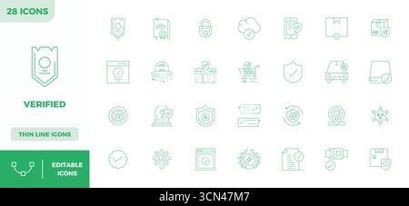 Sammlung von 28 Thin Outline PIXEL Perfect Vektorsymbolen für Verified, im Format 128x128 für Klarheit und Vielseitigkeit. Stock Vektor