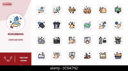 Exklusive Sammlung von 24 Lineal gefüllten flachen Vektorsymbolen für das Bereinigen, entwickelt mit einer perfekten Auflösung von 128x128 PIXELN für ein erstklassiges Markenerlebnis Stock Vektor