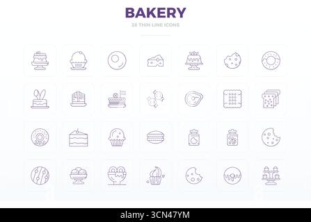 Sorgfältig gefertigte 28 Thin Line Vektorsymbole für Bäckerei, geliefert in 128x128 PIXEL perfekter Qualität für kompromisslose Designstandards. Stock Vektor