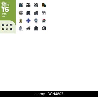 Ein vielseitiger Satz von 16 perfekt-Vektorsymbolen mit Farblinienfüllung und PIXELN, die sich auf Stadtplanung konzentrieren und im scharfen Format 128x128 geliefert werden, ideal für mobile und Stock Vektor